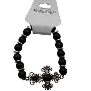 Fashion Jewelry Beaded Bracelet Black Beads‎ Silver Tone Cross Charm
